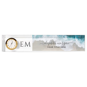 Monogram Elegant Custom Beach Blue Green Clock Namensplakette