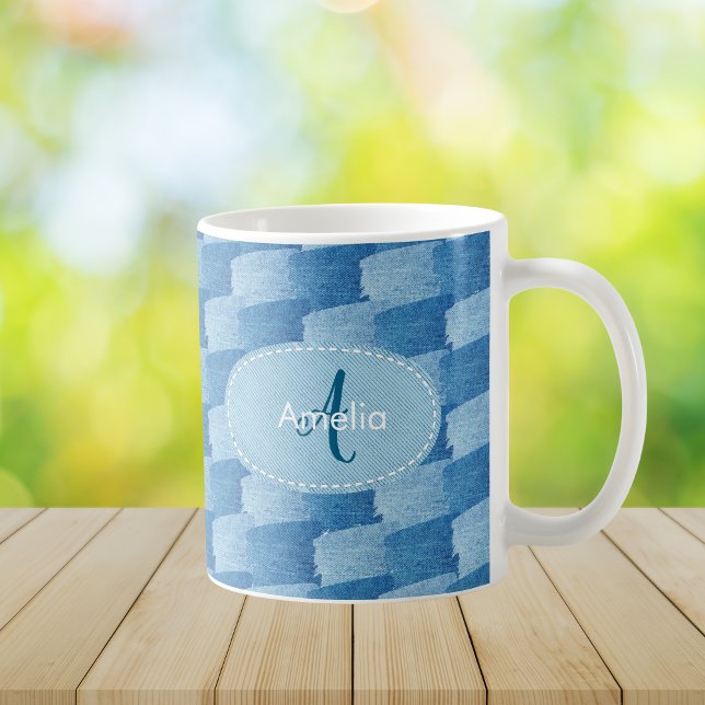 Monogram Elegant Custom Blue Denim Coffee Mug Kaffeetasse (Von Creator hochgeladen)