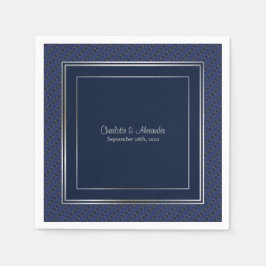 Monogram Elegant Dark Blue Silver Border Wedding Serviette