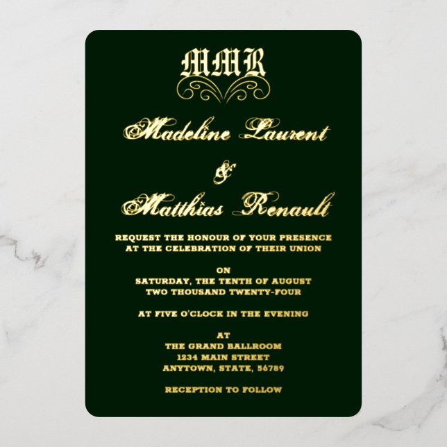 Monogram Elegant Dark Green and Gold Wedding Folieneinladung (Vorderseite)