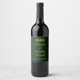 Monogram Elegant Dark Green and Gold Wedding Weinetikett
