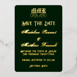 Monogram Elegant Dark Green & Gold Save the Date Folieneinladung