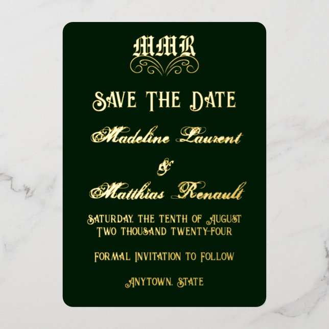 Monogram Elegant Dark Green & Gold Save the Date Folieneinladung (Vorderseite)