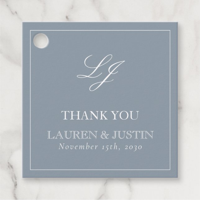 Monogram Elegant Dusty Blue Danke Hochzeit Geschenkanhänger (Vorderseite)