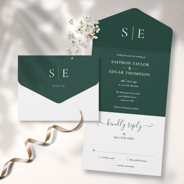 Monogram Elegant Emerald Green und Gold Wedding All In One Einladung (Von Creator hochgeladen)