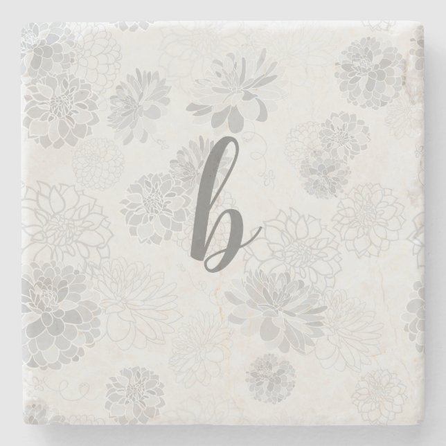 Monogram Elegant Floral Gray Steinuntersetzer (Vorderseite)