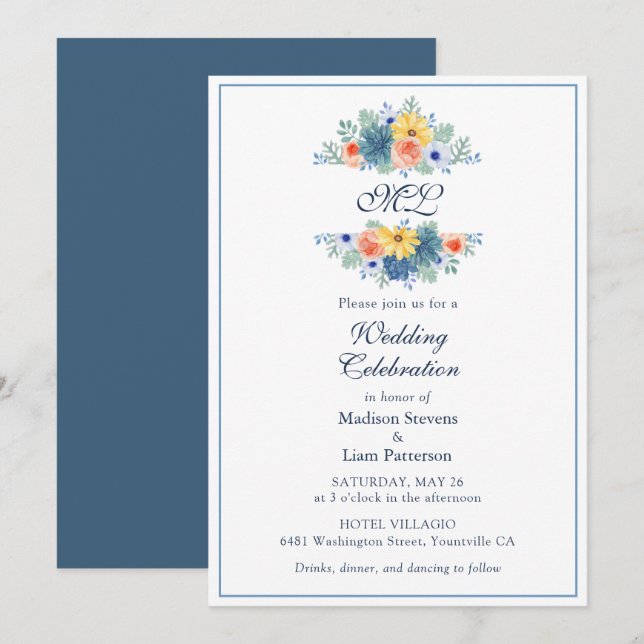 Monogram Elegant Floral Sukkulent Macaron Hochzeit Einladung (Vorne/Hinten)