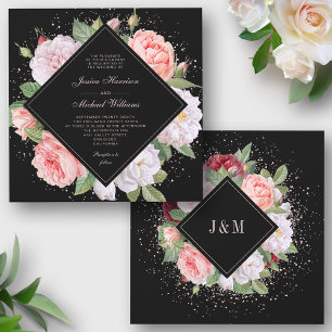 Monogram Elegant Floral White Pink Black Wedding Einladung