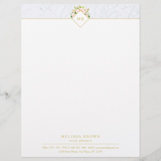 Monogram Elegant floraler Marmor Chic Letterhead Briefbogen (Vorderseite)