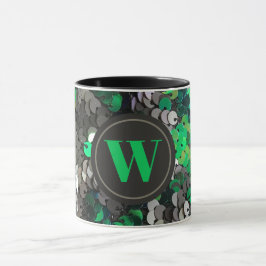 Monogram, elegant Glitzer, grün, grau, schwarz Seq Tasse