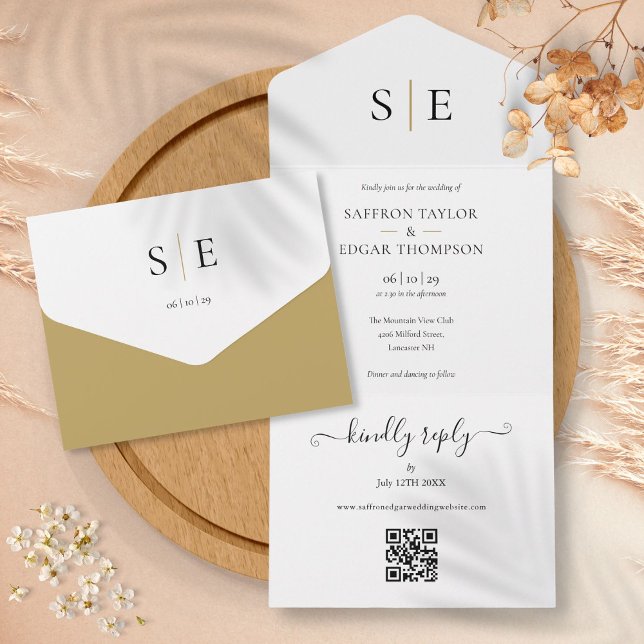 Monogram Elegant Gold Black QR Code Hochzeit All In One Einladung (Monogram Elegant Gold Black QR Code Wedding All In One Invitation)