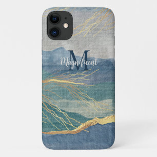 Monogram Elegant Gold Blau Landschaftskunst Case-Mate iPhone Hülle