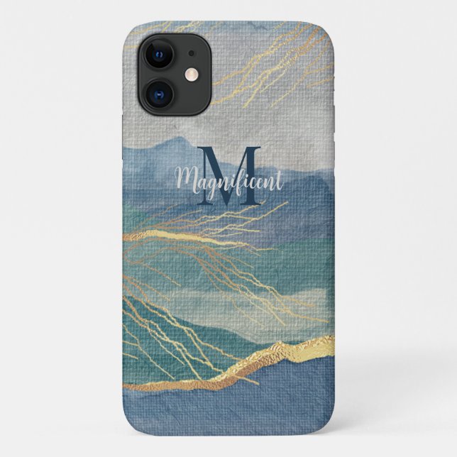 Monogram Elegant Gold & Hues of Blue Landscape Case-Mate iPhone Hülle (Rückseite)