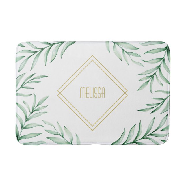 Monogram Elegant Greenerity Watercolor Blätter Badematte (Vorderseite)