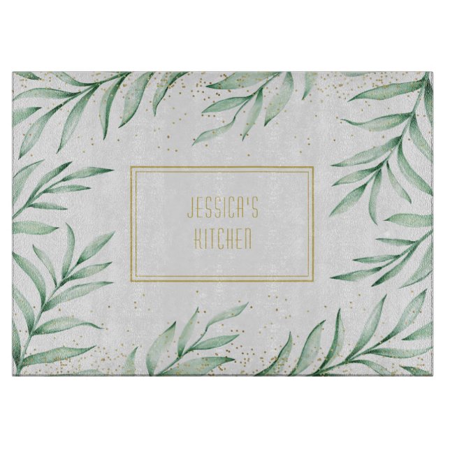 Monogram Elegant Greenerity Watercolor Blätter Schneidebrett (Vorderseite)