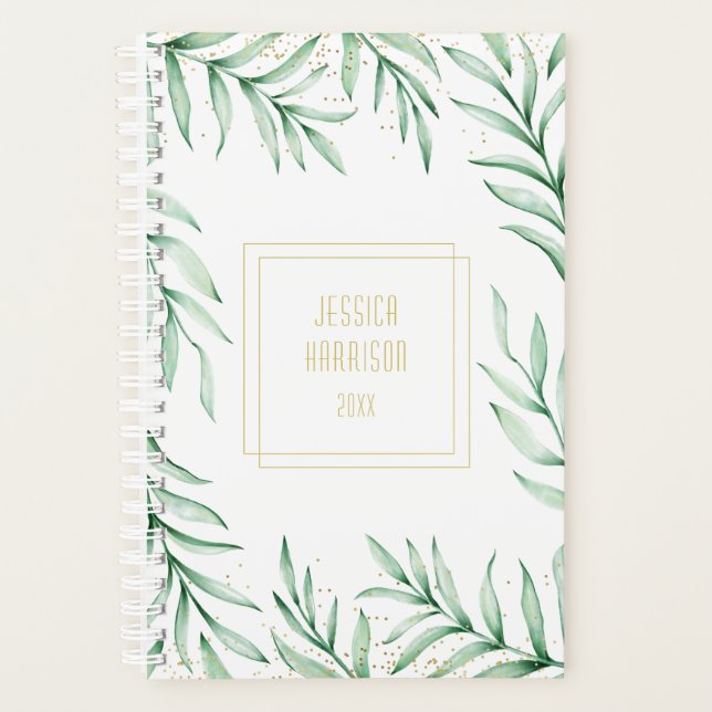 Monogram Elegant Greenery Wasserfarbe Blätter Klei Planer (Vorderseite)