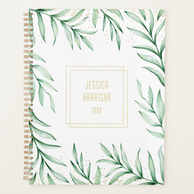 Monogram Elegant Greenery Watercolor Blätter Big Planer (Vorderseite)