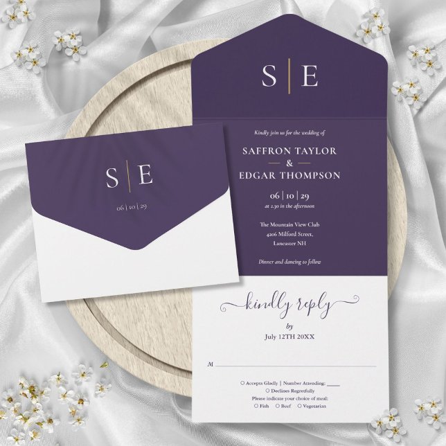 Monogram Elegant Lila und Gold Wedding All In One Einladung (Monogram Elegant Purple And Gold Wedding All In One Invitation)