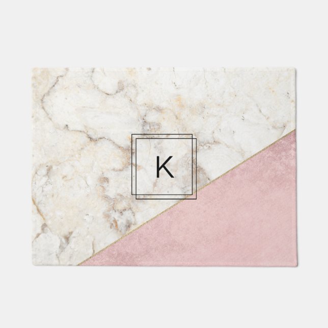 Monogram Elegant Marmor Minimalistische Rose Gold Fußmatte (Vorderseite)
