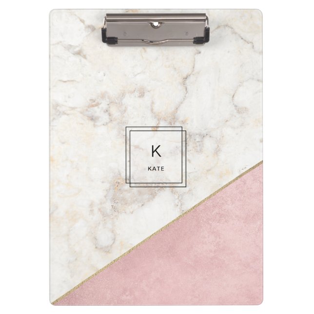 Monogram Elegant Marmor Minimalistische Rose Gold Klemmbrett (Vorderseite)