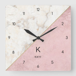 Monogram Elegant Marmor Minimalistische Rose Gold Quadratische Wanduhr