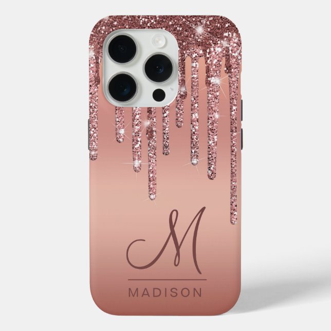 Monogram Elegant Minimal Rose Gold Glitzer Tropfen Case-Mate iPhone Hülle (Rückseite)