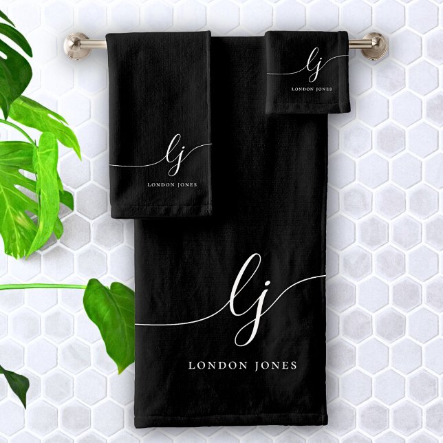 Monogram Elegant Minimal Schwarz-weiß Chic Badhandtuch Set (Von Creator hochgeladen)