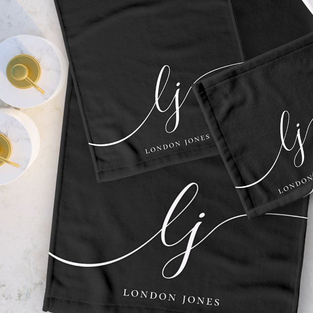 Monogram Elegant Minimal Schwarz-weiß Chic Badhandtuch Set (Von Creator hochgeladen)