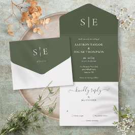 Monogram Elegant Minimalistisch Olive Green Weddin All In One Einladung