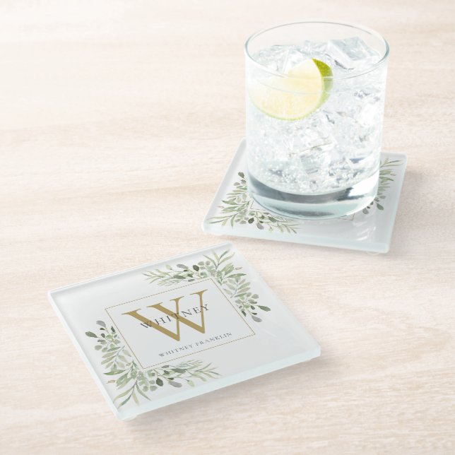 Monogram Elegant Modern Greenerity Gold Glasuntersetzer (Schrägansicht)
