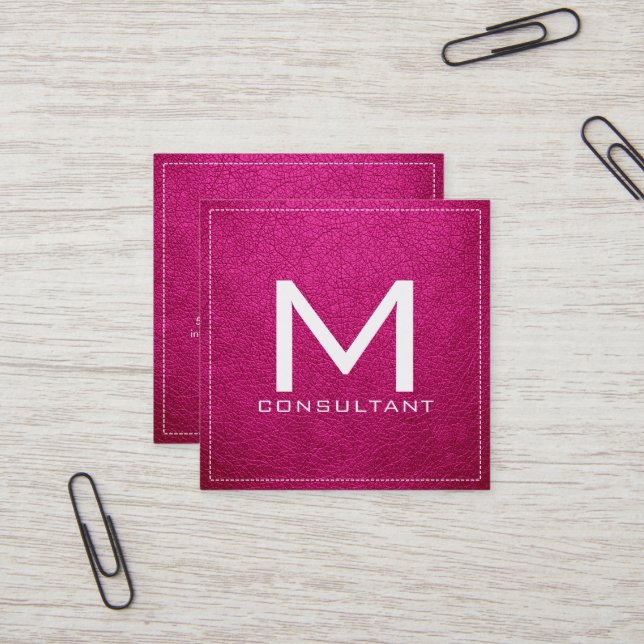 Monogram Elegant Modernes rosa Leder Quadratische Visitenkarte (Vorderseite/Rückseite Beispiel)