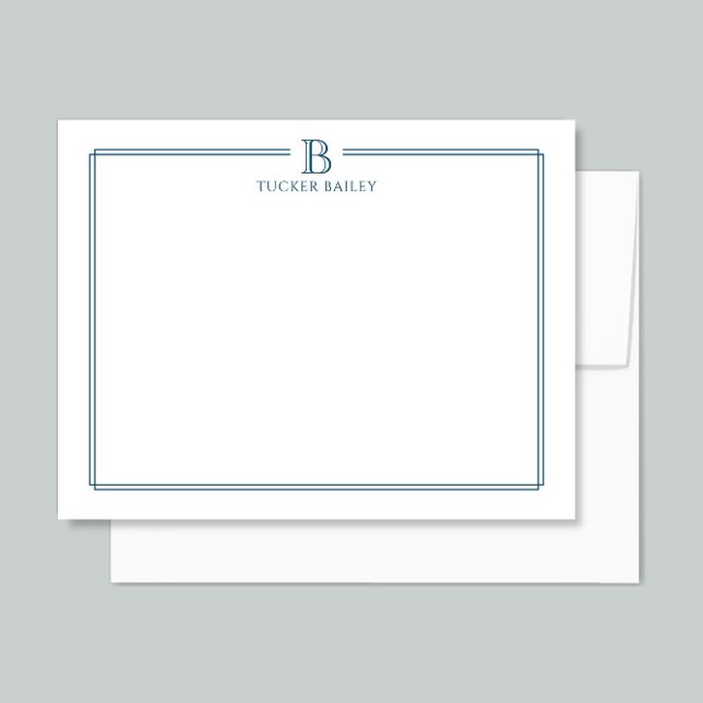 Monogram Elegant Navy Blue Border Stationery Mitteilungskarte (Von Creator hochgeladen)