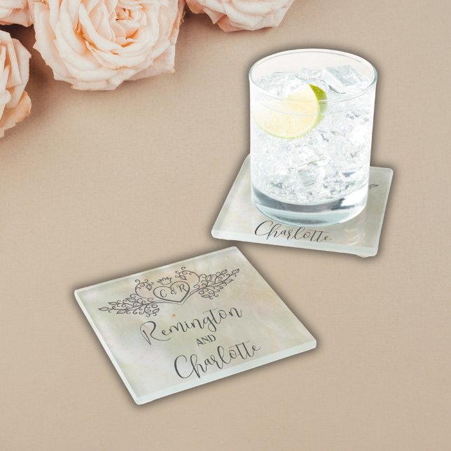 Monogram Elegant Peach Mother-of-Pearl Wedding Glasuntersetzer (Von Creator hochgeladen)