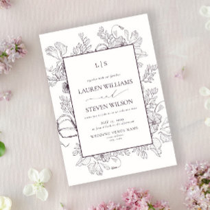 Monogram Elegant Pflaume Lila Florale Linie Hochze Einladung