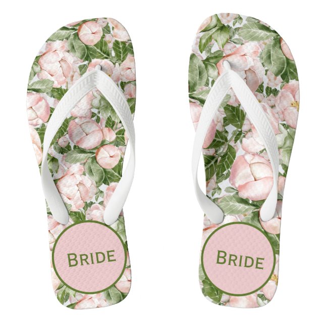 Monogram Elegant Pink Green Floral Bride Flip Flops (Fußbett)