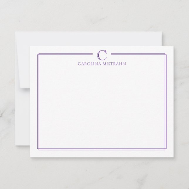 Monogram Elegant Purple Border Stationery Mitteilungskarte (Vorderseite)