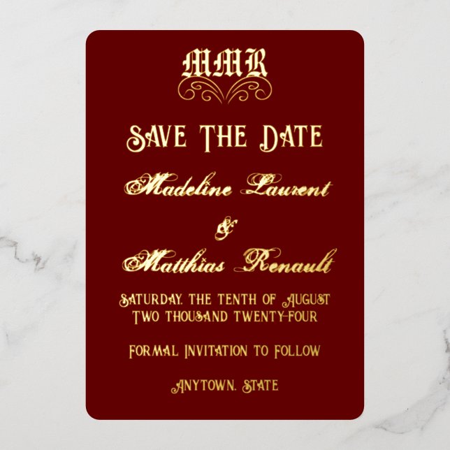 Monogram Elegant Red & Gold Save the Date Folieneinladung (Vorderseite)