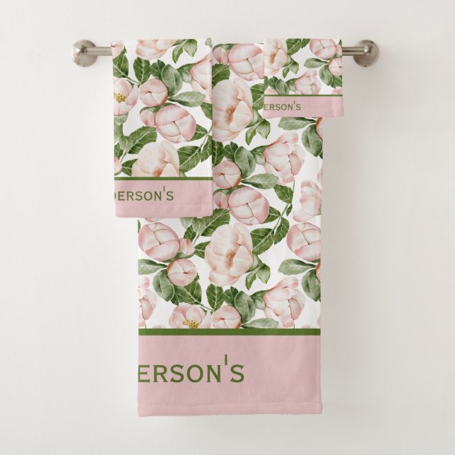 Monogram Elegant Rosa Grüne Blume Badhandtuch Set (Insitu)