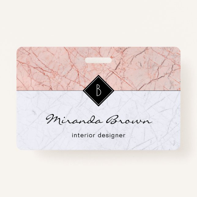 Monogram Elegant Rose Gold Gray Marble Abzeichen Ausweis (Vorderseite)
