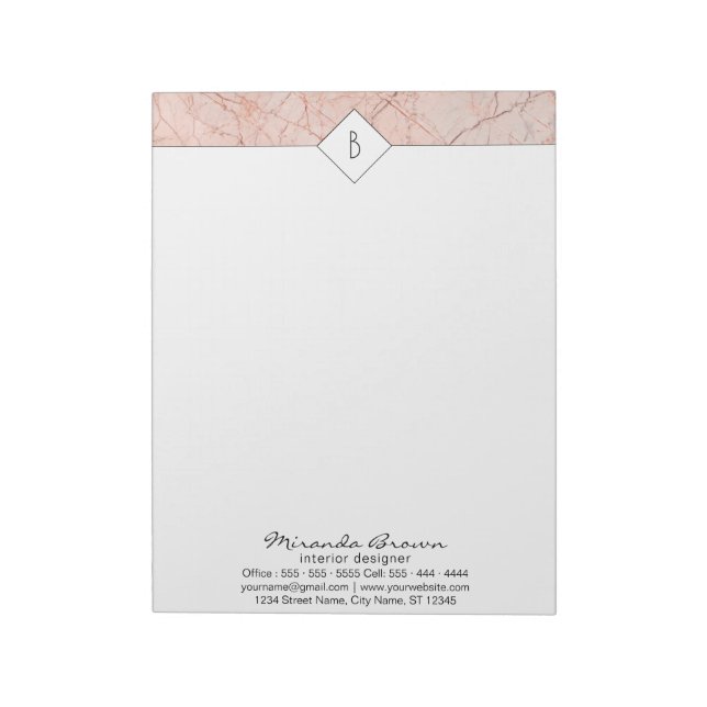 Monogram Elegant Rose Gold Marble Notepad Notizblock (Rotiert)