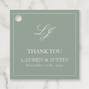 Monogram Elegant Sage Green Danke Hochzeit Geschenkanhänger