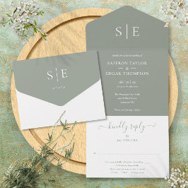 Monogram Elegant Sage Green Minimalistisch Wedding All In One Einladung