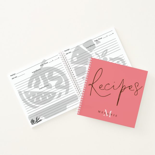 Monogram Elegant Script Coral Reecipe Book Notizbuch (Innenseite)