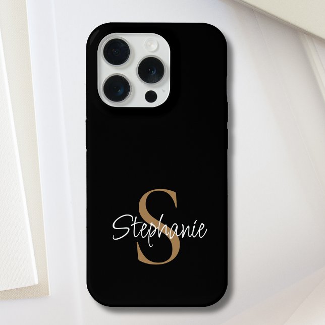 Monogram Elegant Script Name Black Gold  iPhone 15 Pro Hülle (Von Creator hochgeladen)
