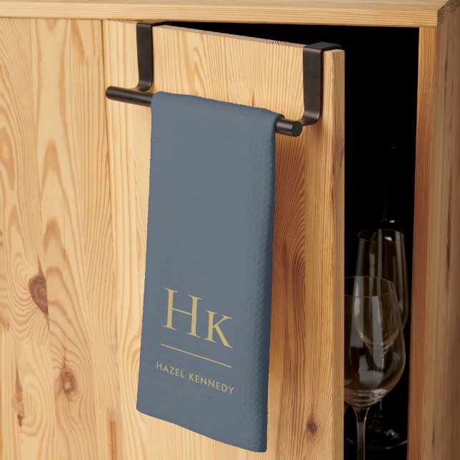 Monogram Elegant Simple Minimal Navy Blue Gold Geschirrtuch (Drittel gefaltet)