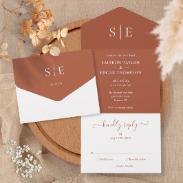 Monogram Elegant Terracotta Minimalistisch Wedding All In One Einladung