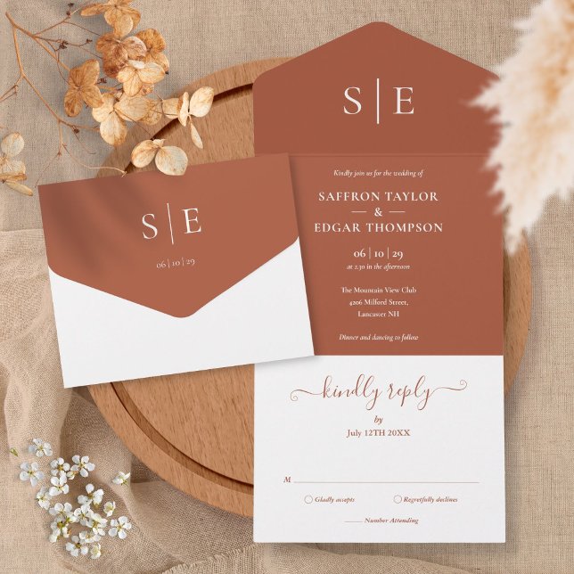 Monogram Elegant Terracotta Minimalistisch Wedding All In One Einladung (Von Creator hochgeladen)