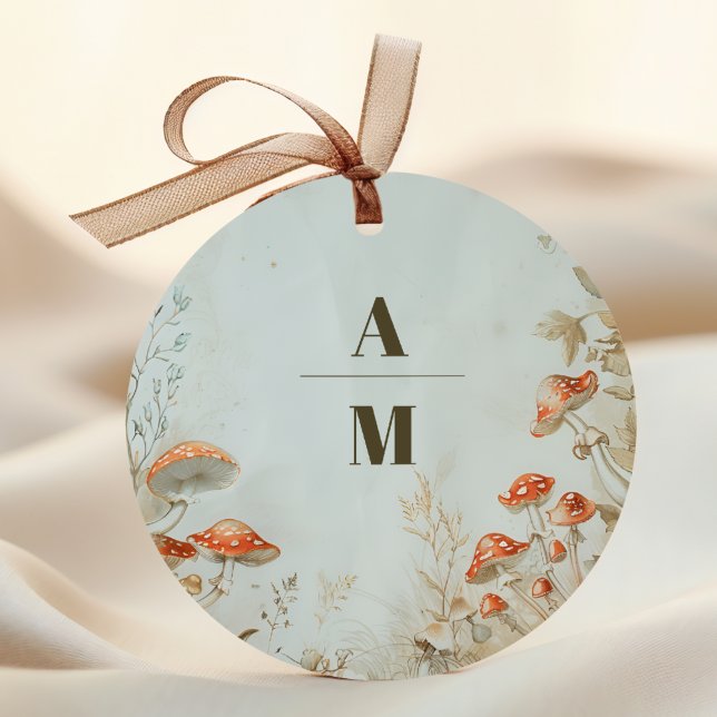 Monogram Elegant Woodland Mushroom Fern Wedding Runder Aufkleber (Von Creator hochgeladen)