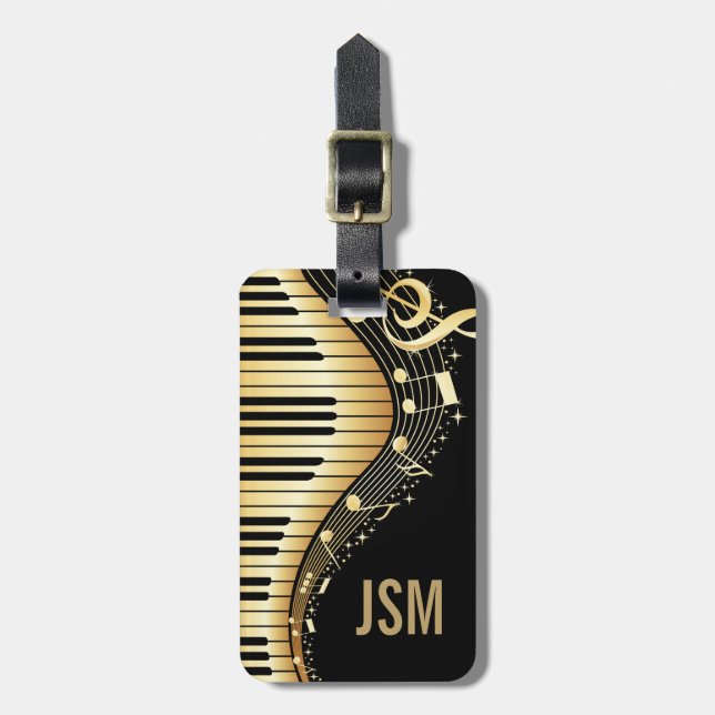 Monogram Elegante Black and Gold Musiknoten Design Gepäckanhänger (Vorderseite vertikal)