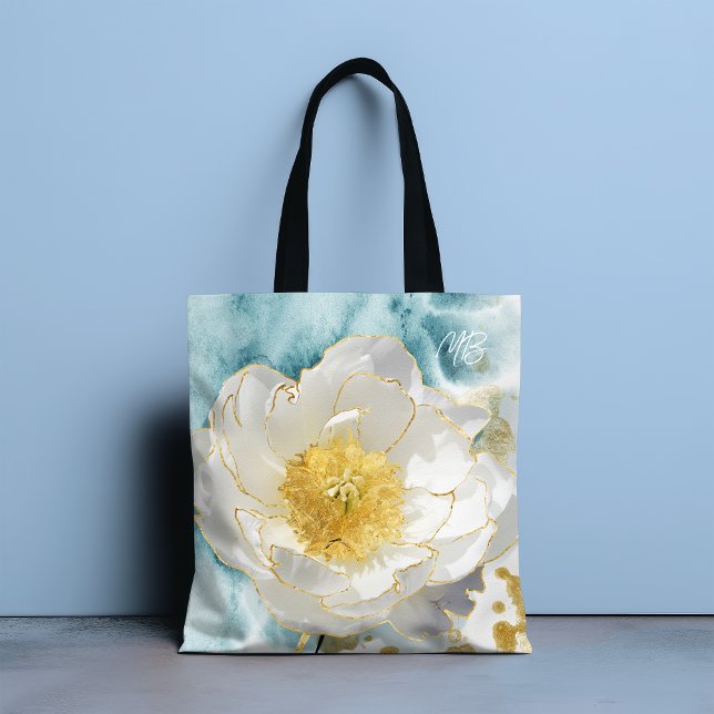 Monogram Elegante Blume Luxury Gold Watercolor Tasche (Von Creator hochgeladen)